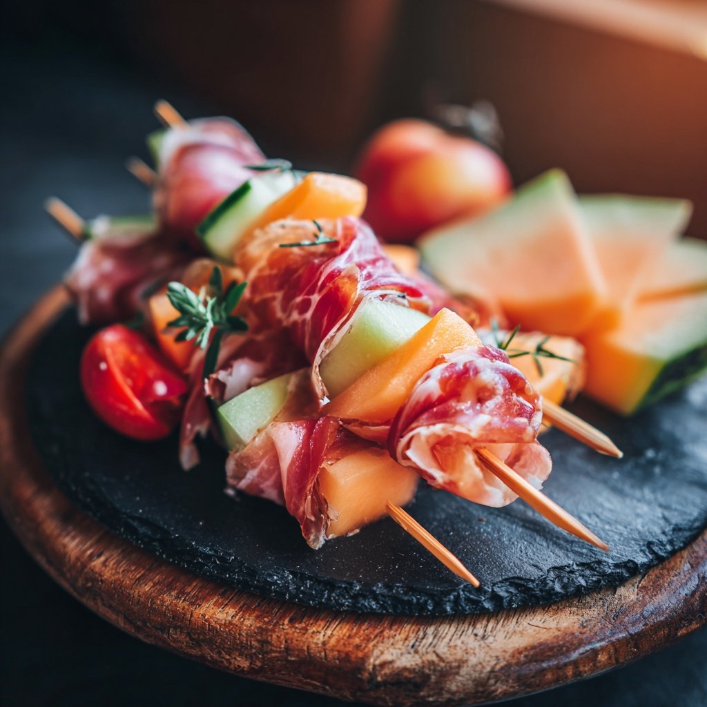 Köstliche Prosciutto- und Melonen-Spieße Vorspeisen