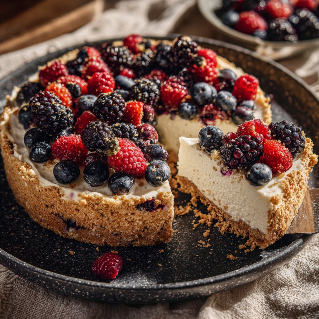 Käsekuchen mit Keksboden und Beeren