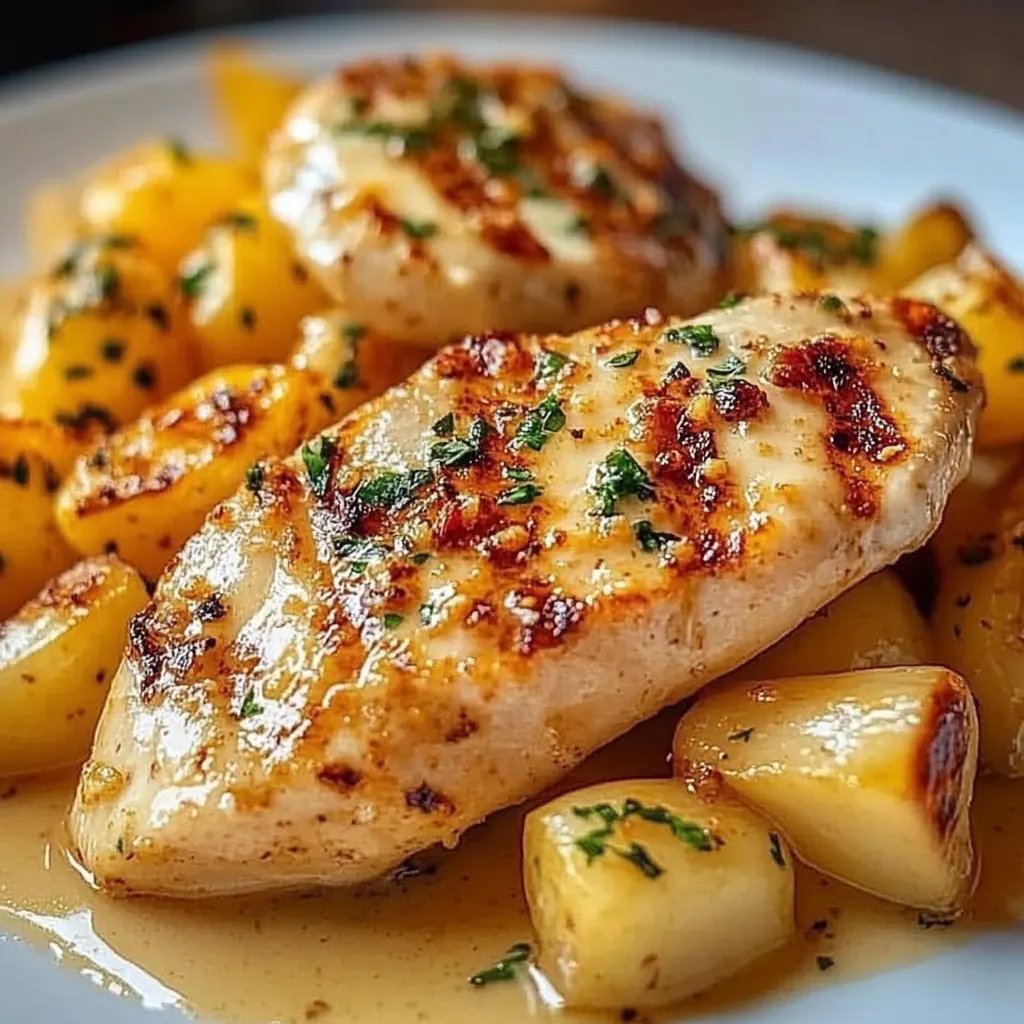 Hähnchenfilet in würziger, cremiger Knoblauch-Parmesansauce mit Pommes