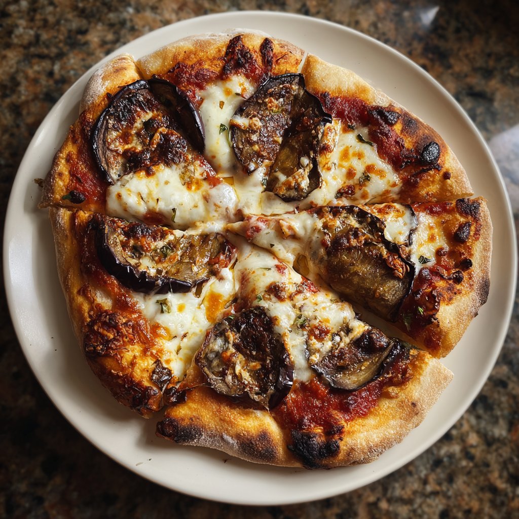 Pizza mit Aubergine und Mozzarella