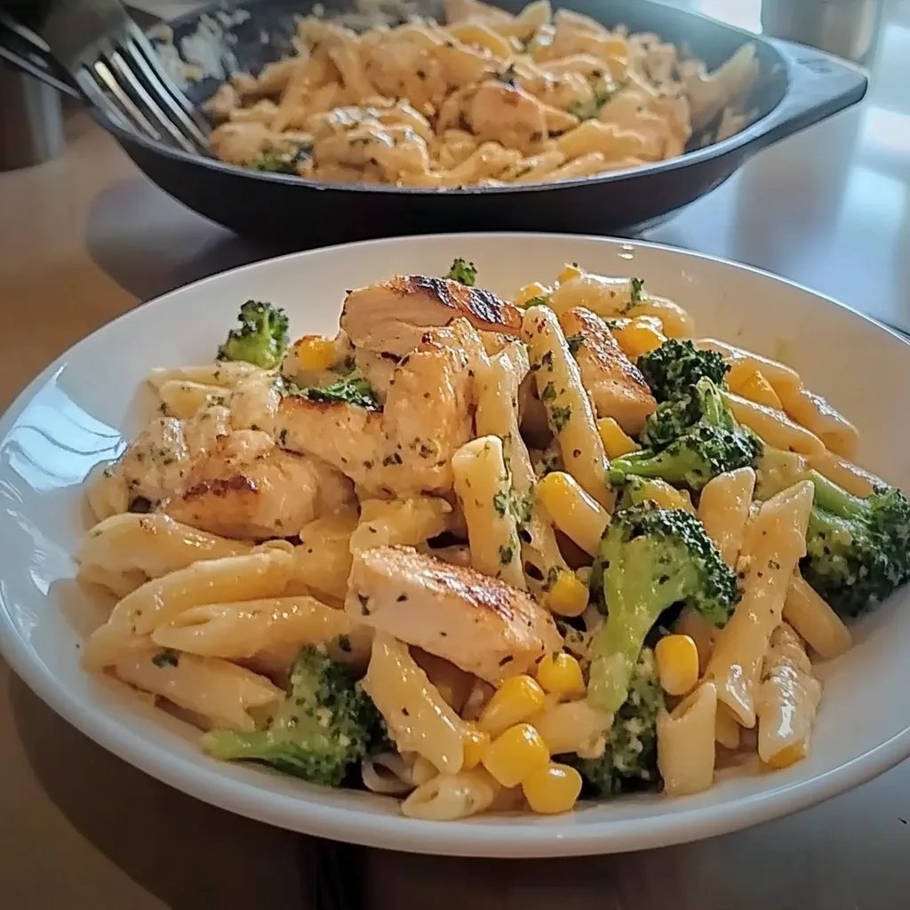 Herzhaftes Hähnchen, Brokkoli und süßer Mais Pasta